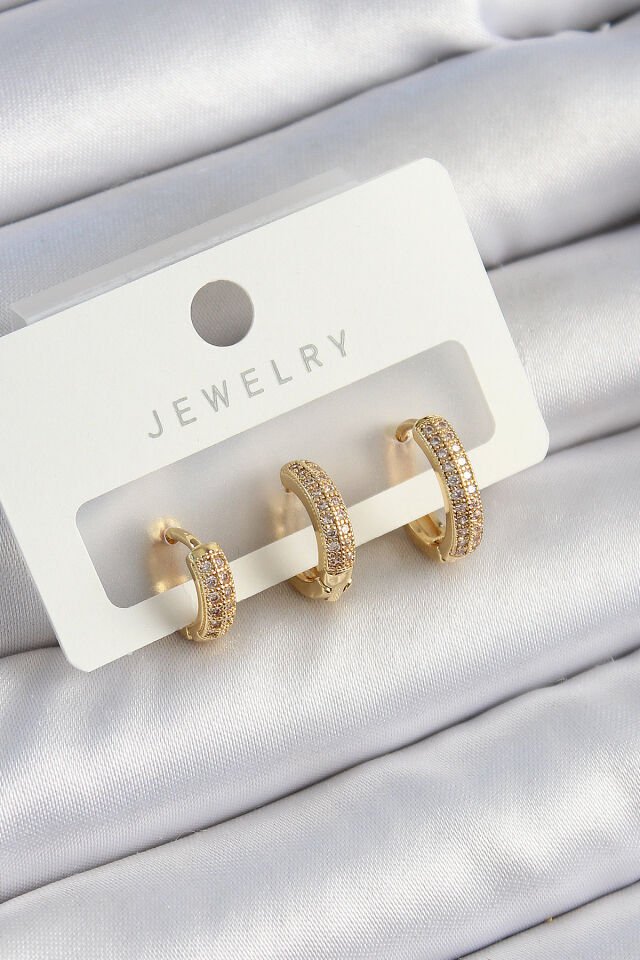 Pirinç Zirkon Taşlı Yıldız Model Gold Renk 3'lü Çift Kadın Küpe Set