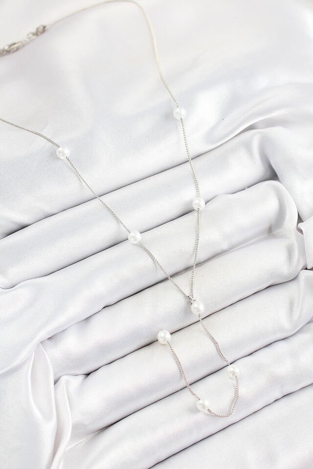 Pirinç İnci Figürlü Y Model Gümüş Renk Kadın Kolye