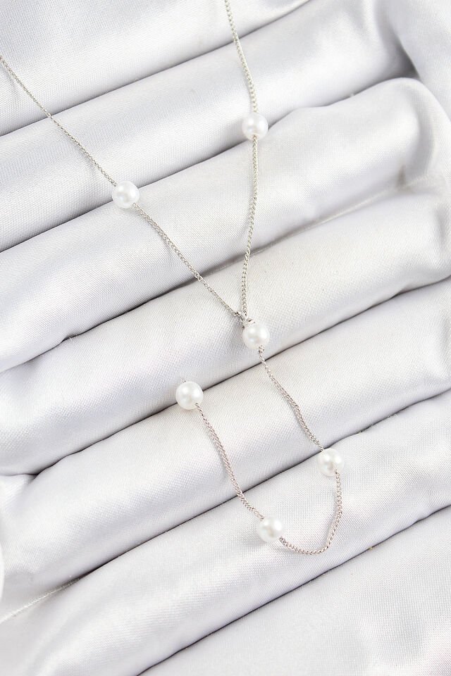 Pirinç İnci Figürlü Y Model Gümüş Renk Kadın Kolye