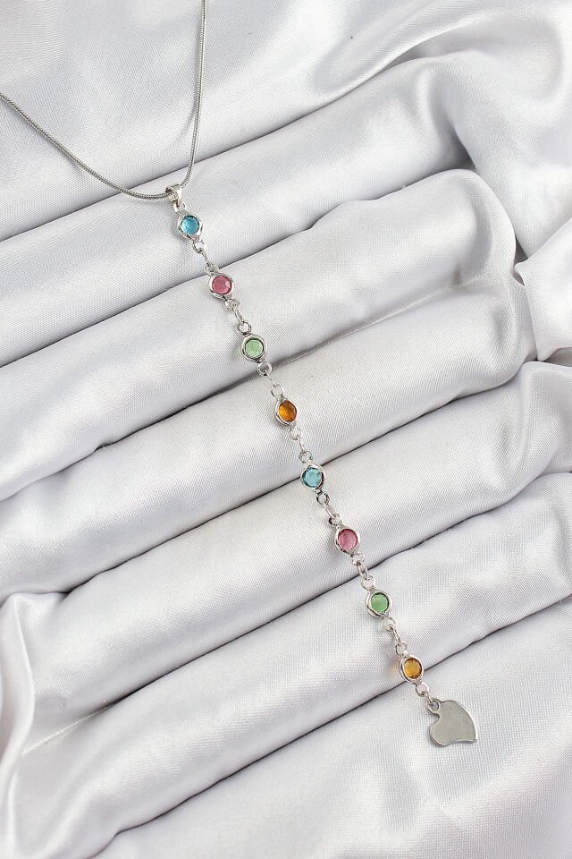 Pirinç Gümüş Renk Karışık Renk Zirkon Taşlı Y Kadın Kolye