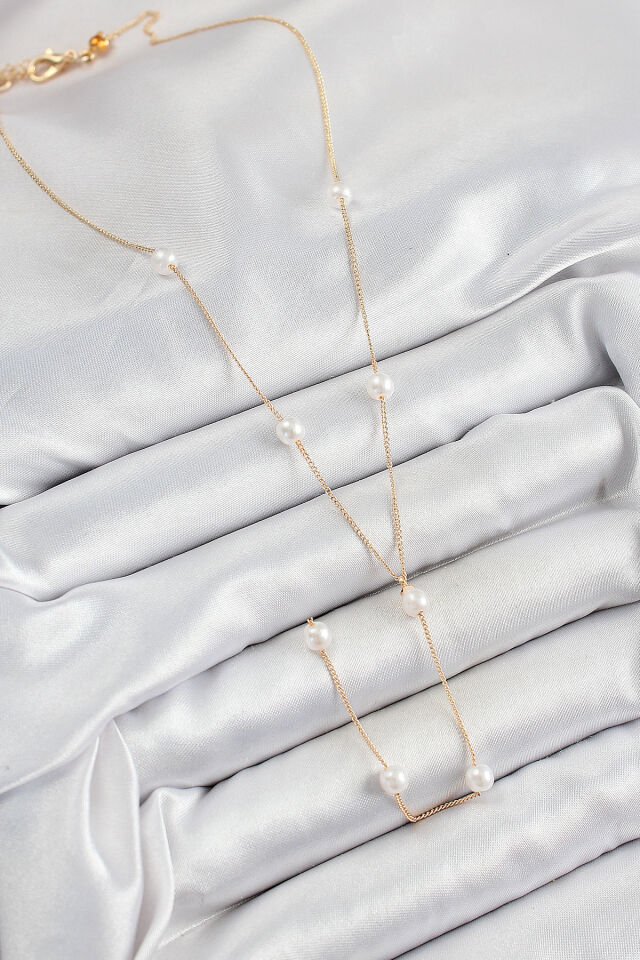 Pirinç İnci Figürlü Y Model Gold Renk Kadın Kolye