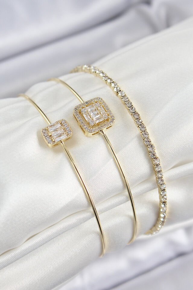 Pirinç Zirkon Taşlı Baget Model Gold Renk Vip 3'lü Kadın Bileklik