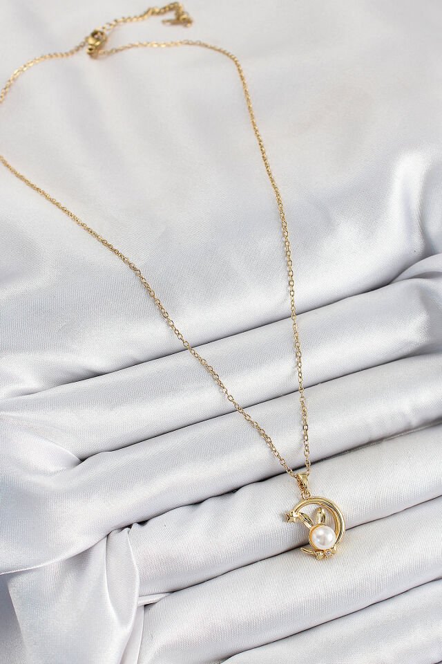 316L Çelik İnci Detaylı Hilal Tavşan Model Gold Renk Kadın Kolye