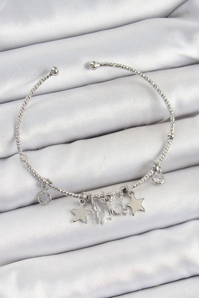 Pirinç Zirkon Taşlı Kelebek Ve Yıldız Model Gümüş Renk Charm Bileklik