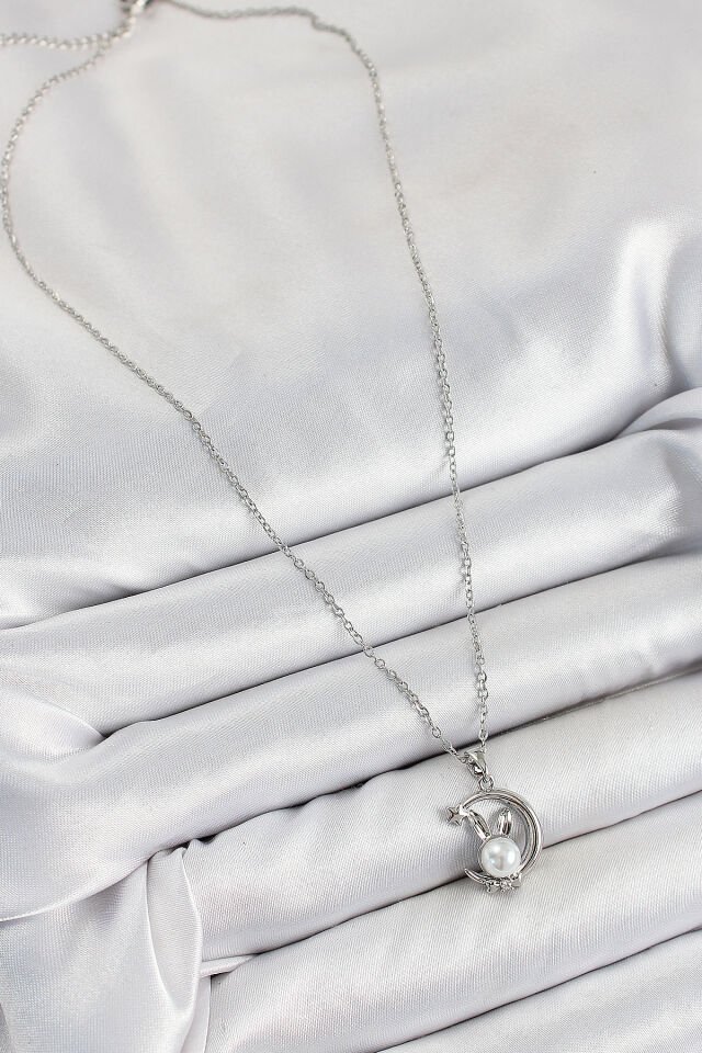 316L Çelik İnci Detaylı Hilal Tavşan Model Gümüş Renk Kadın Kolye