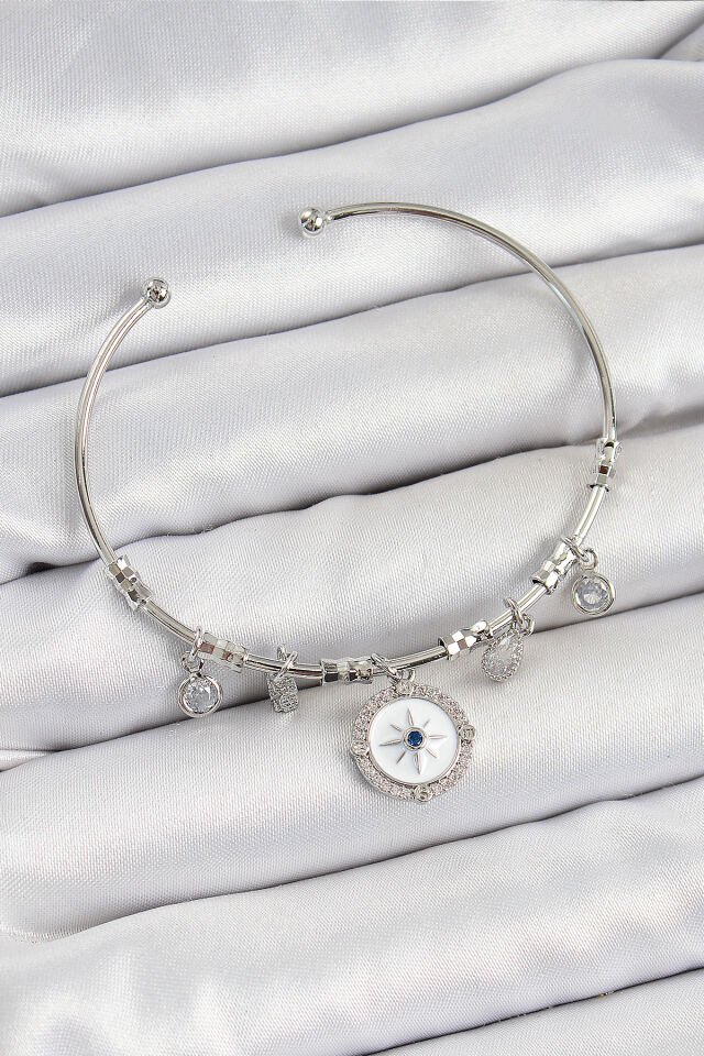 Pirinç Zirkon Taşlı Pusula Model Gümüş Renk Charm Bileklik
