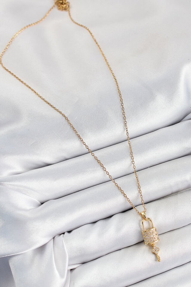 316L Çelik Zirkon Taşlı Kilit Ve Sallantılı Anahtar Model Gold Renk Kadın Kolye