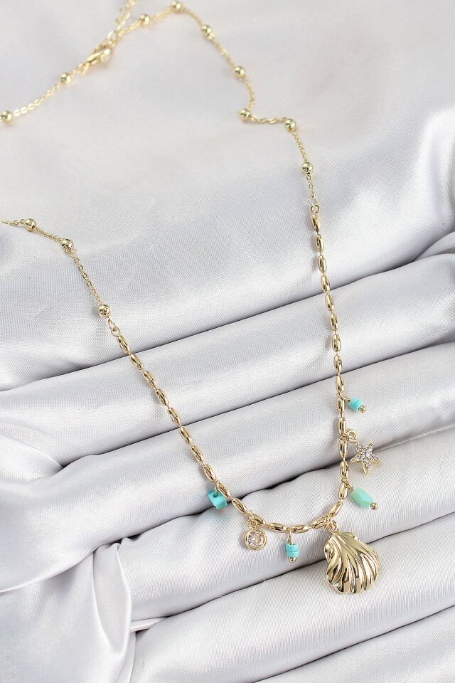 Pirinç Zirkon Taşlı Deniz Kabuğu Model Gold Renk Kadın Kolye