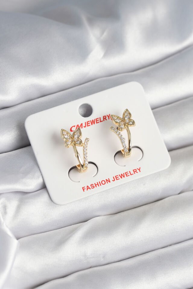 Pirinç Gold Renk Zirkon Taşlı Kelebek Model Kadın Küpe