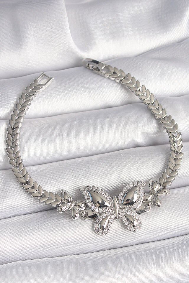 Pirinç Gümüş Renk Zirkon Taşlı Kelebek Model Kadın Bileklik