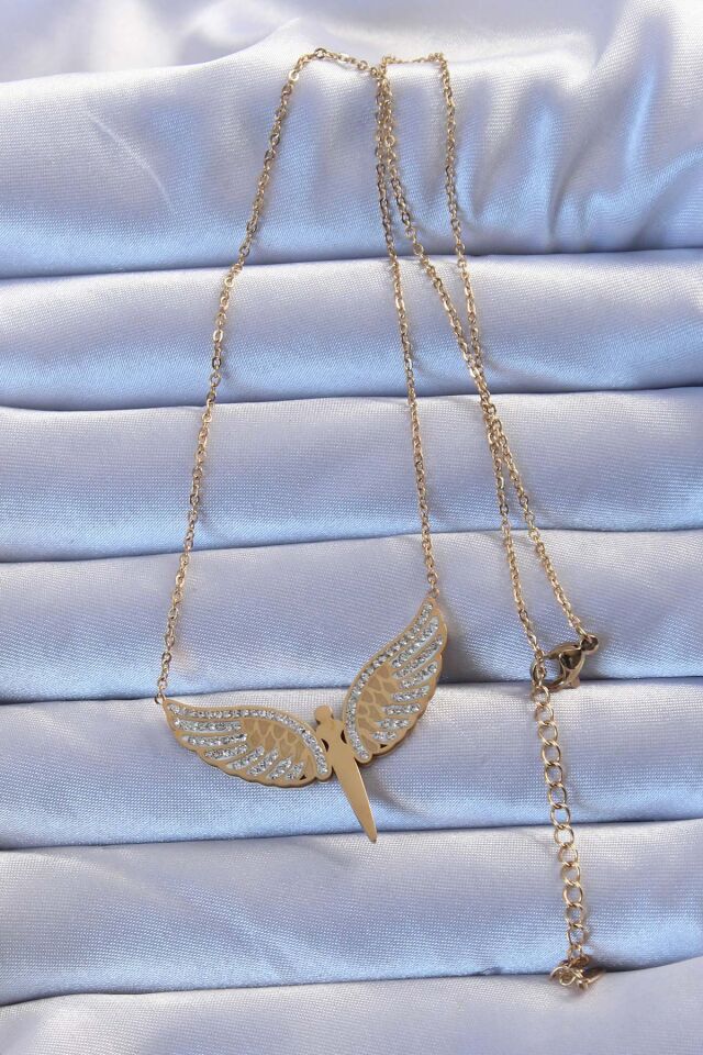 316L Çelik Altın Renk Zirkon Taşlı Mikail Kolye