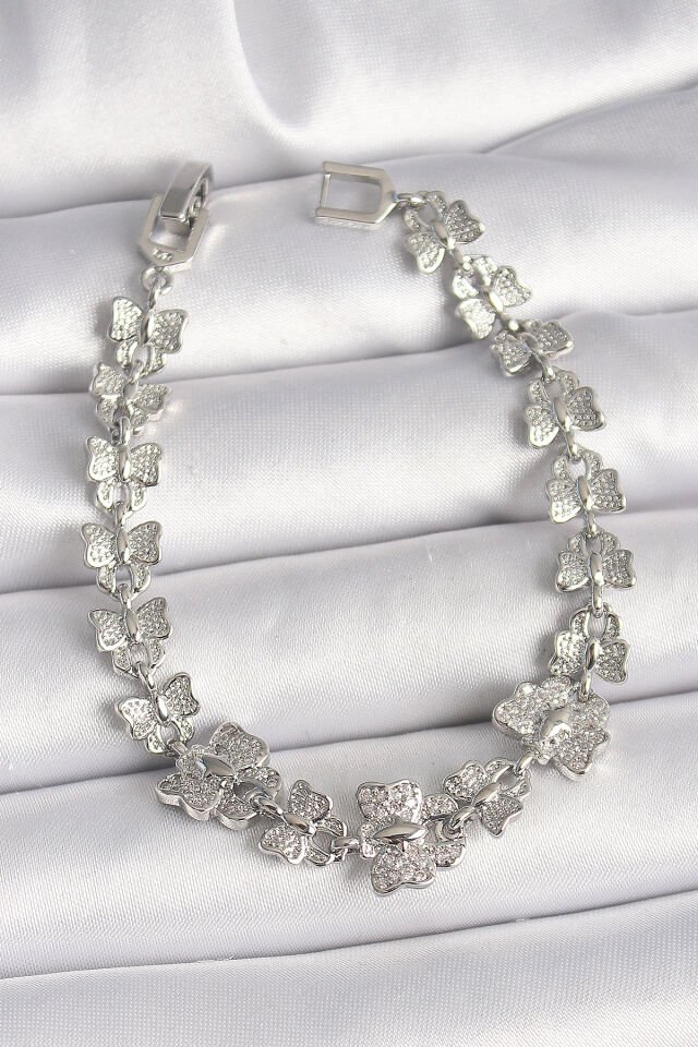 Pirinç Gümüş Renk Zirkon Taşlı Kelebek Model Zincir Kadın Bileklik