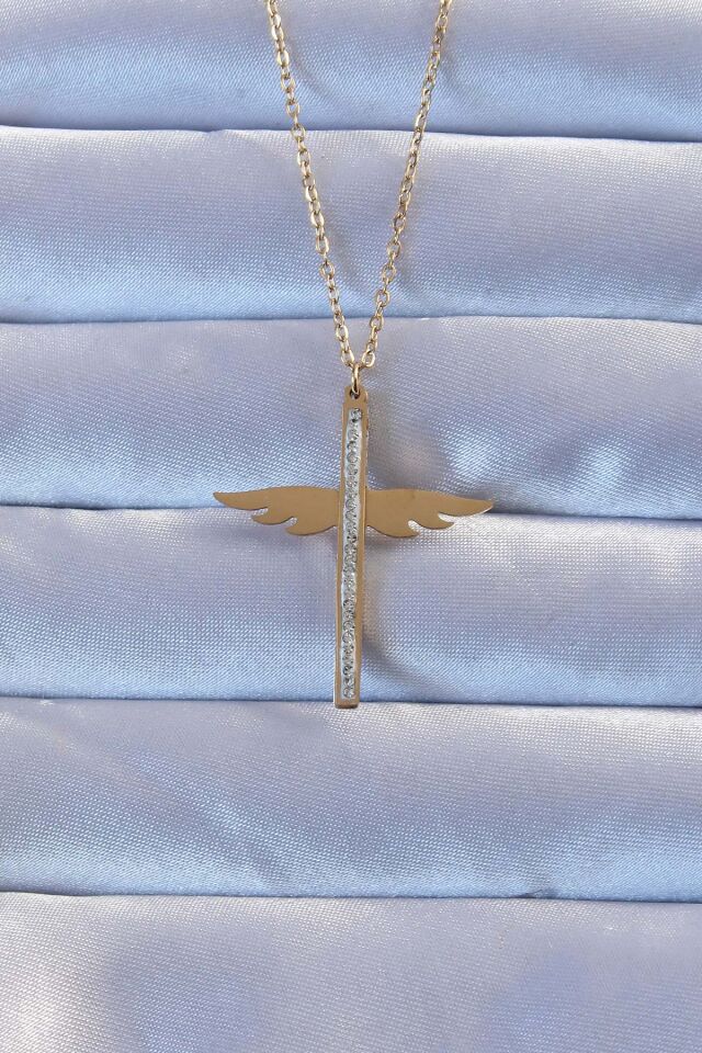 316L Çelik Altın Renk Zirkon Taşlı Mikail Kolye