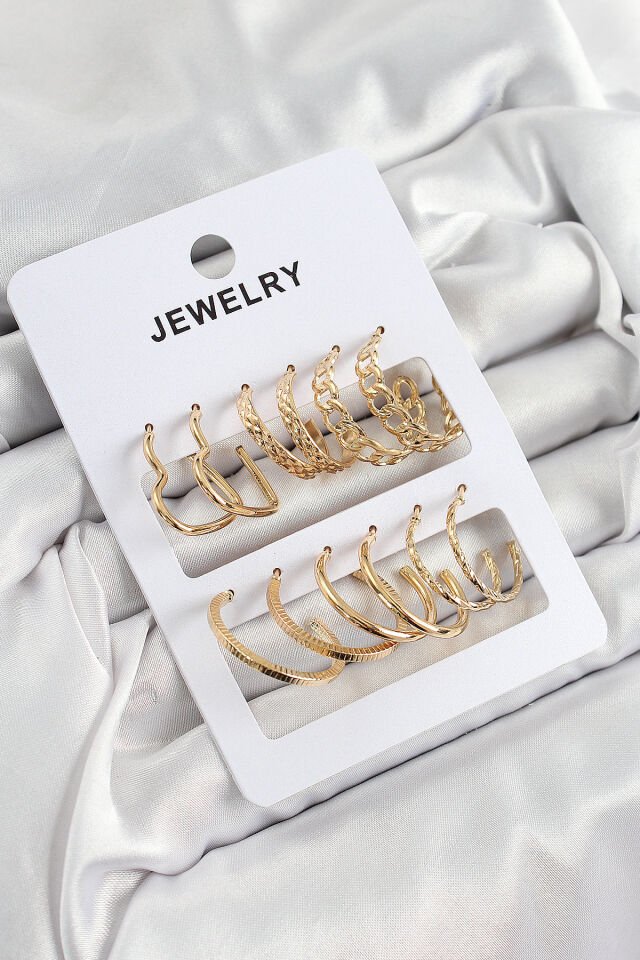 Pirinç Karışık Halka Model Gold Renk 6 Çift Kadın Küpe Set