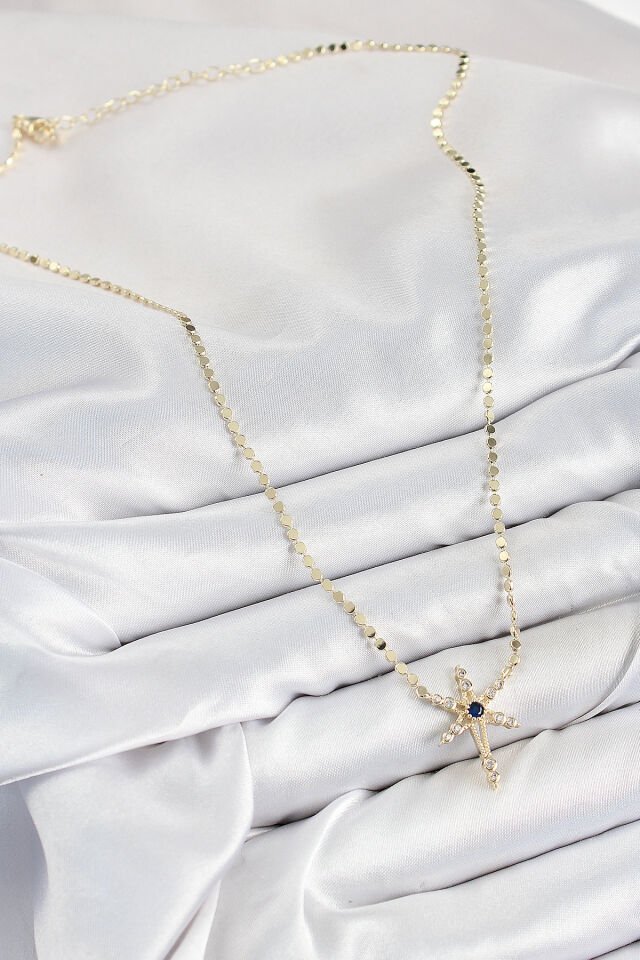 Pirinç Zirkon Taşlı Kutup Yıldızı Model Ezme Zincir Gold Renk Kadın Kolye