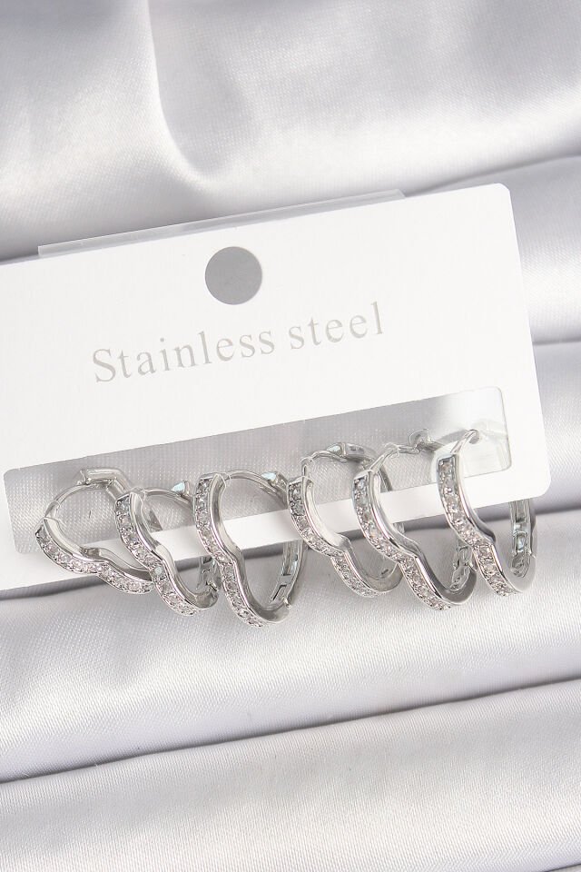 Pirinç Gümüş Renk Zirkon Taşlı 3 Çift Kalp Model Kadın Küpe