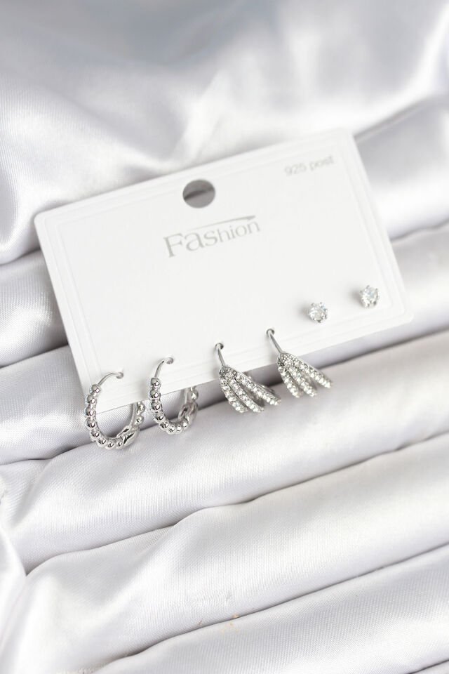 Pirinç Gümüş Renk Zirkon Taşlı 925 Gümüş Çivili Kadın Küpe Seti