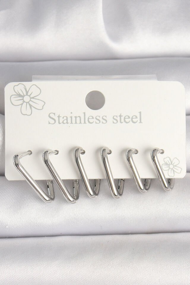 316L Çelik Gümüş Renk Üçgen Model Kadın Küpe Seti