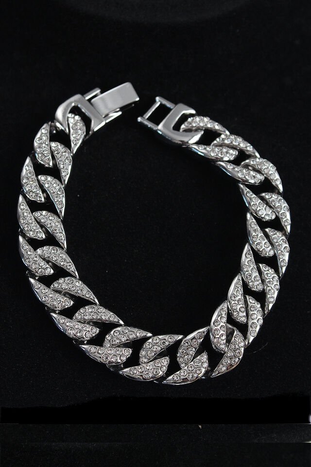 Pirinç Zirkon Taşlı Cuba Gurmet Model Gümüş Renk Erkek Bileklik