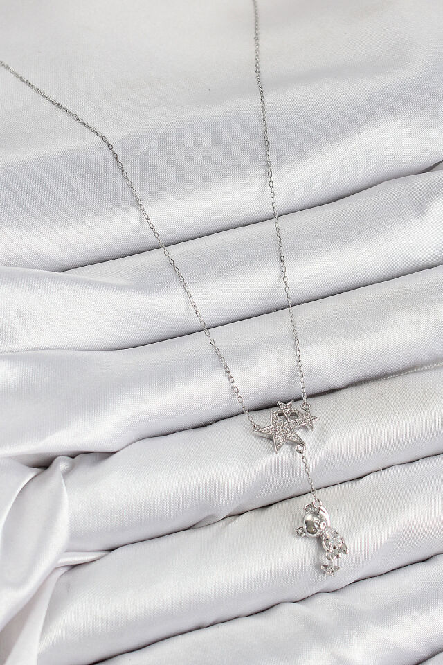 Pirinç Zirkon Taşlı Sallantılı Ayıcıklı Yıldız Model Gümüş Renk Kadın Kolye