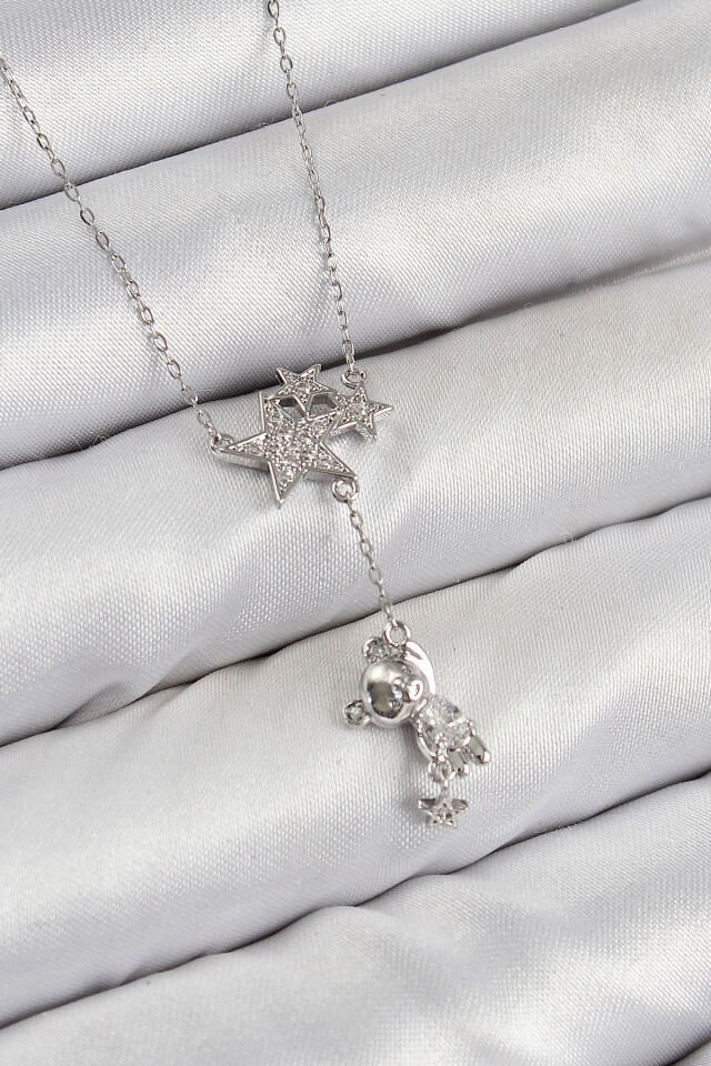 Pirinç Zirkon Taşlı Sallantılı Ayıcıklı Yıldız Model Gümüş Renk Kadın Kolye