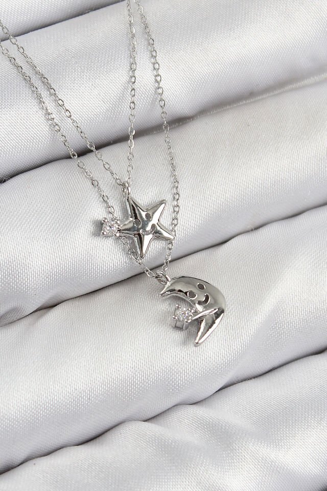 Pirinç Zirkon Taşlı Yıldız Ve Ay Model Gümüş Renk Kadın Kolye