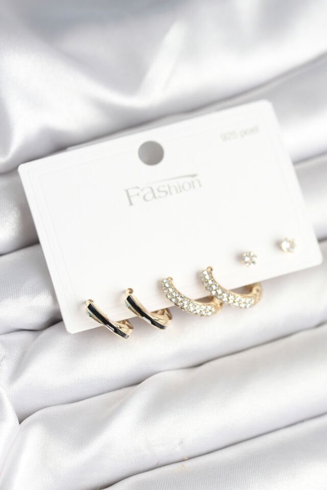 Gold Renk Pirinç Zirkon Taşlı 925 Ayar Gümüş Çivili Kadın Küpe Seti