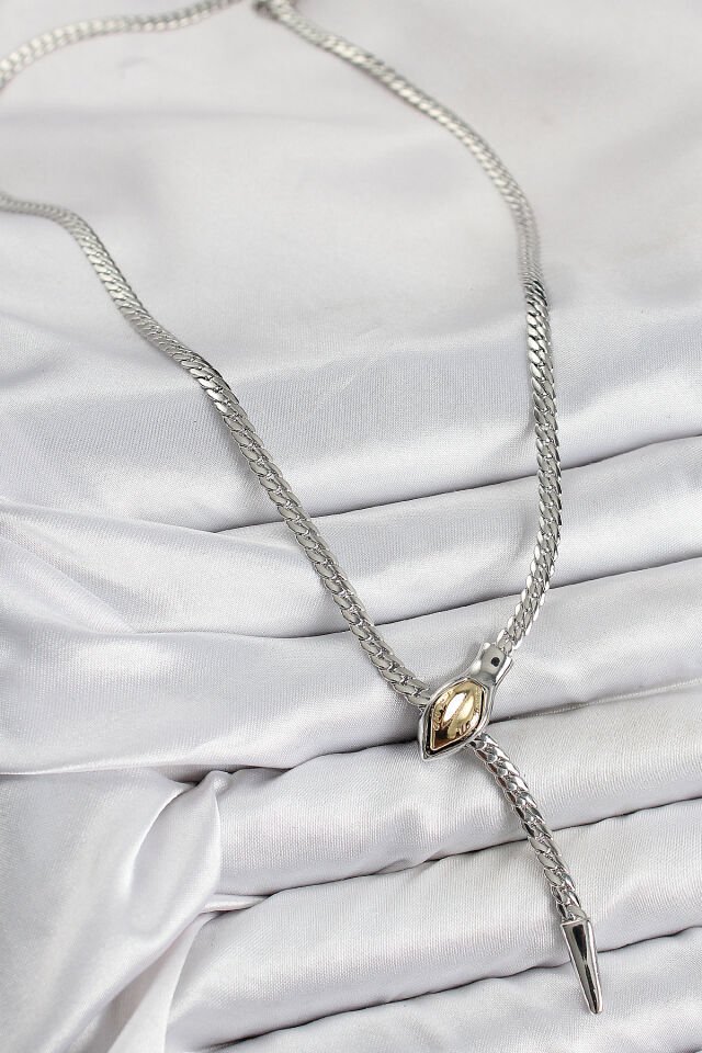 Pirinç Asansörlü Yılan Model Gümüş Renk Kadın Kolye