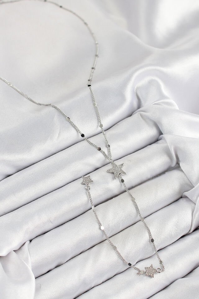 Pirinç Zirkon Taşlı Yıldız Model Gümüş Renk Y Kolye