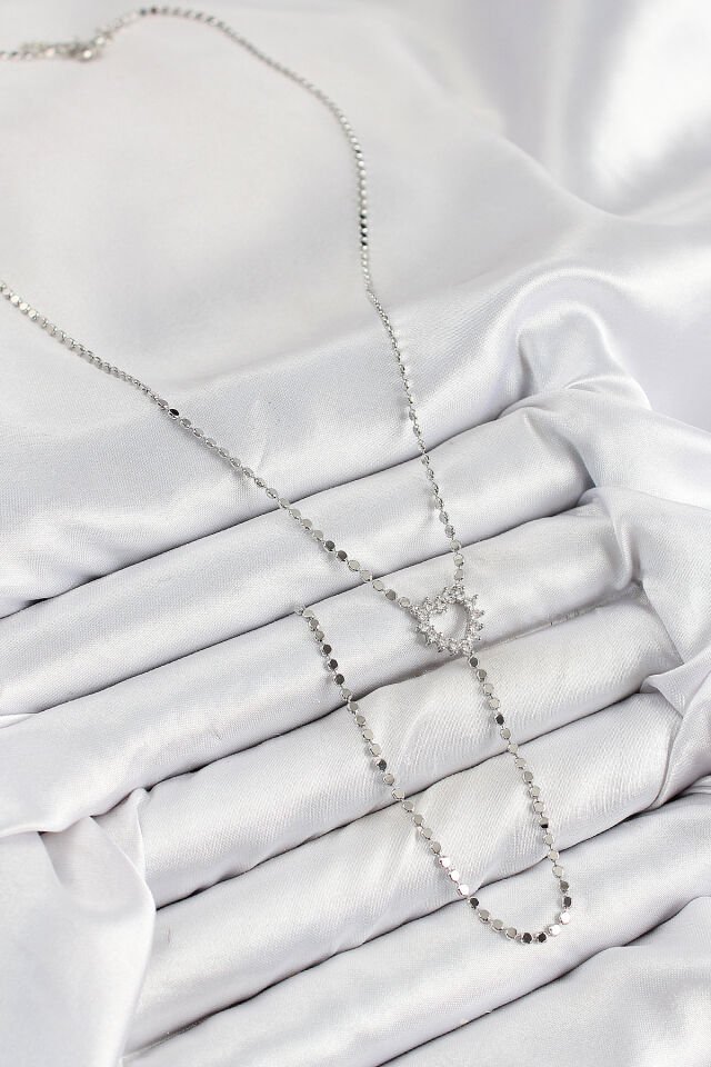 Pirinç Zirkon Taşlı Ezme Zincirli Kalp Model Gümüş Renk Y Kolye