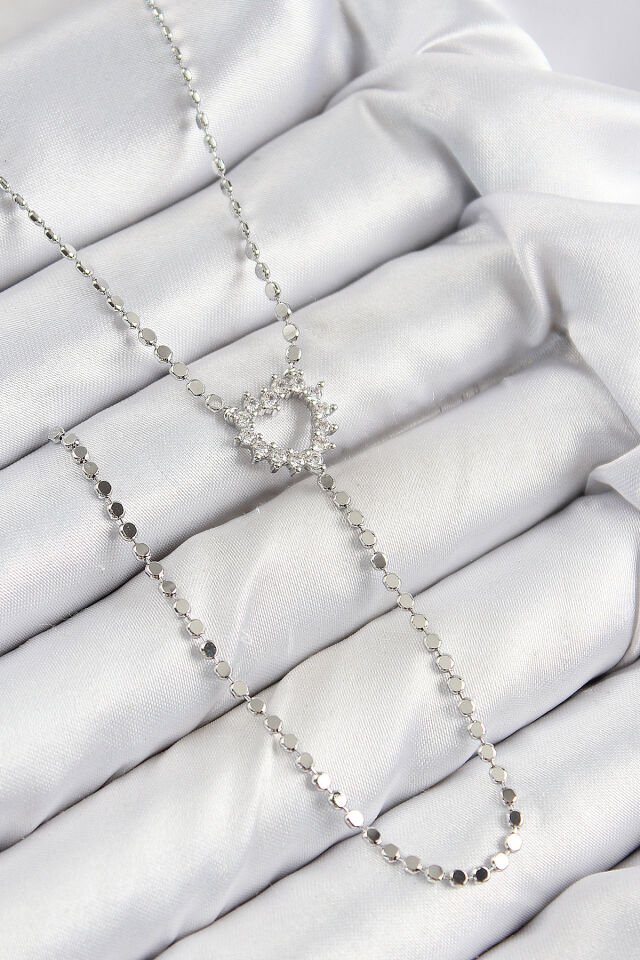 Pirinç Zirkon Taşlı Ezme Zincirli Kalp Model Gümüş Renk Y Kolye