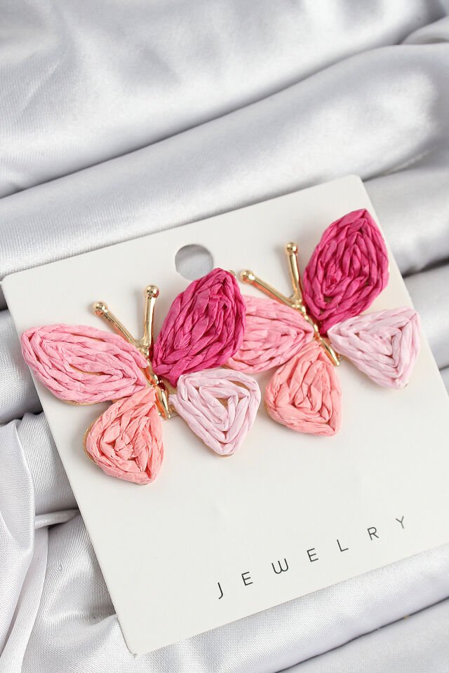 Pirinç Pembe Kelebek Model Gold Renk Kadın Hasır Küpe