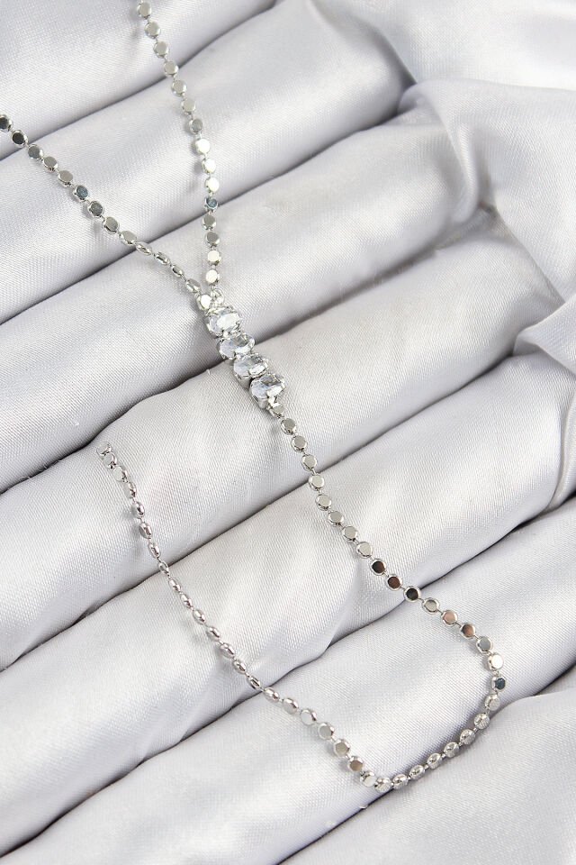 Pirinç Zirkon Taşlı Ezme Zincirli Model Gümüş Renk Y Kolye