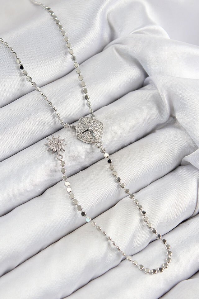 Pirinç Zirkon Taşlı Ezme Zincirli Madalyon Model Gümüş Renk Y Kolye