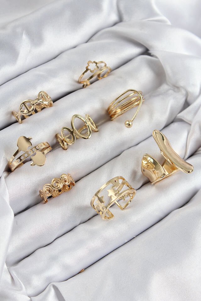 Pirinç Sarmal Ve Yıldız Model Gold Renk Kadın Yüzük Kombin Set