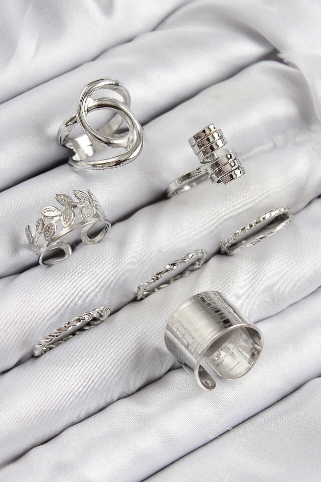 Pirinç Yaprak Model Gümüş Renk Kadın Yüzük Kombin Set