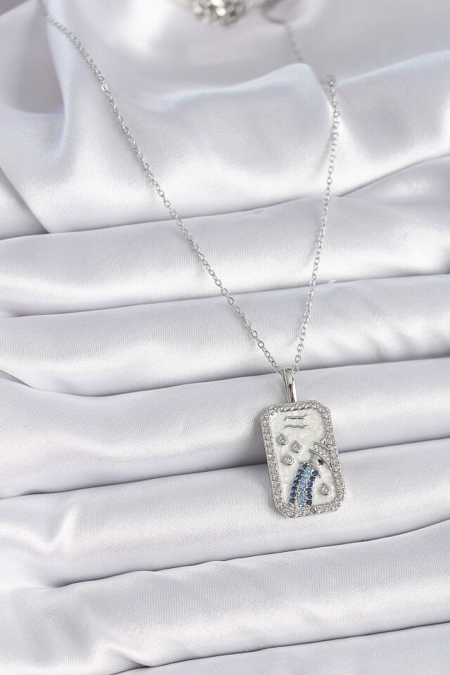 316L Çelik Gümüş Renk Zincir Kova Burcu Zirkon Taşlı Kadın Kolye