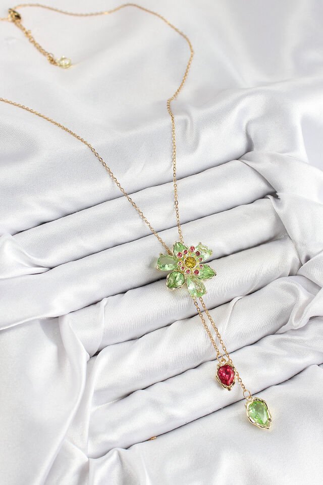 VIP Pirinç Zirkon Taşlı Çiçek Model Gold Renk Asansörlü Kadın Kolye