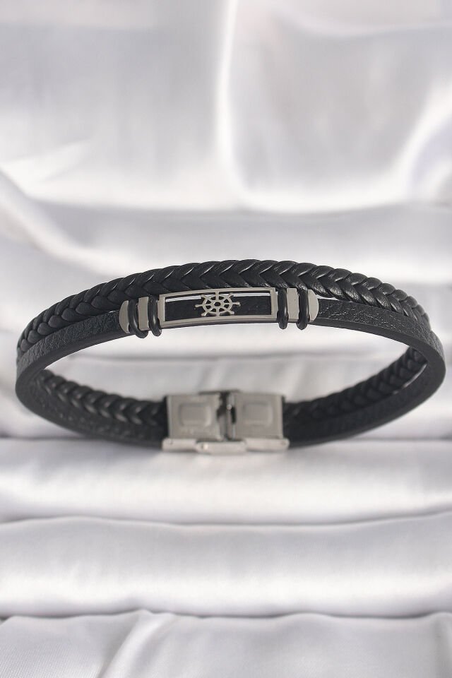316L Çelik Gümüş Renk Gemi Dümeni Figür Siyah Burgu Deri Kordon Model Erkek Bileklik