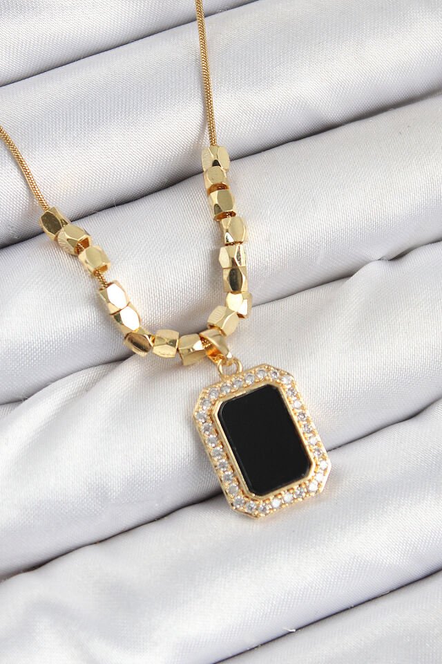 316L Çelik Zirkon Taşlı Siyah Baget Model Gold Renk Kadın Kolye