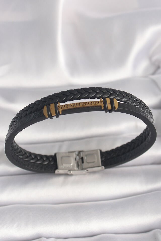 316L Çelik Gold Renk ZikZak İşlemeli Aksesuarlı Çift Sıra Burgu Desenli Deri Kordon Erkek Bileklik