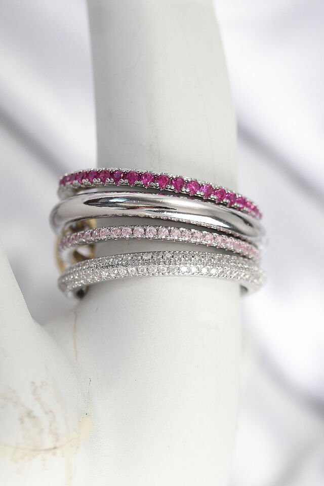 Pirinç Gümüş Renk Zirkon Taşlı 4'Lü Kadın Yüzük