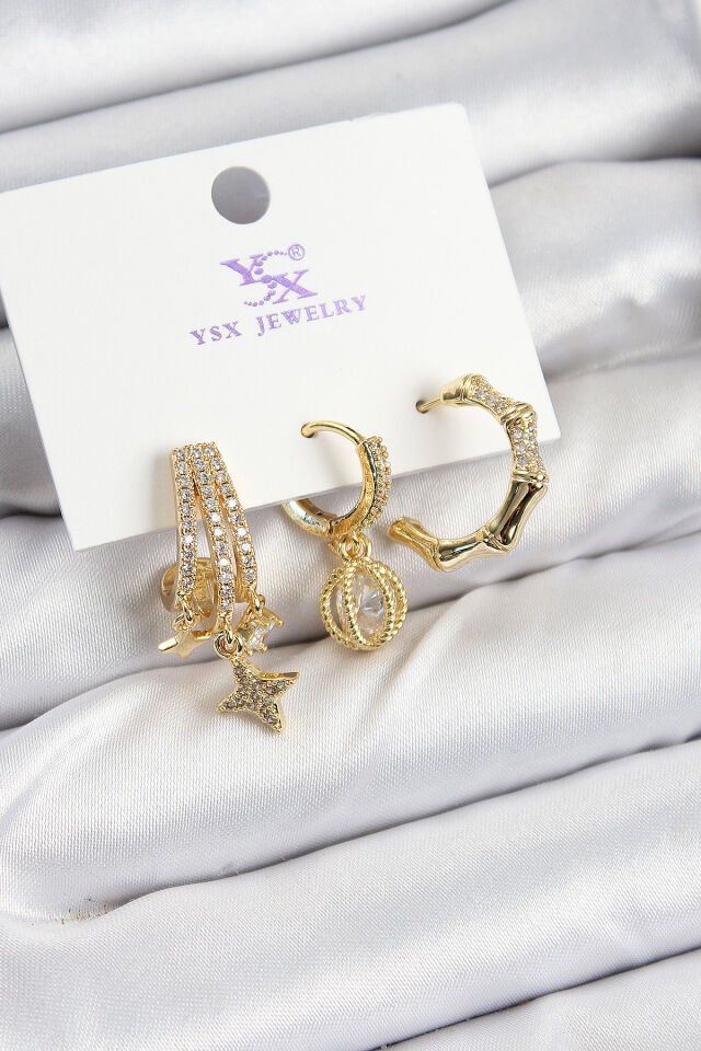 Pirinç Zİrkon Taşlı Sallantılı Yıldız Model Gold Renk 3'lü Kadın Küpe