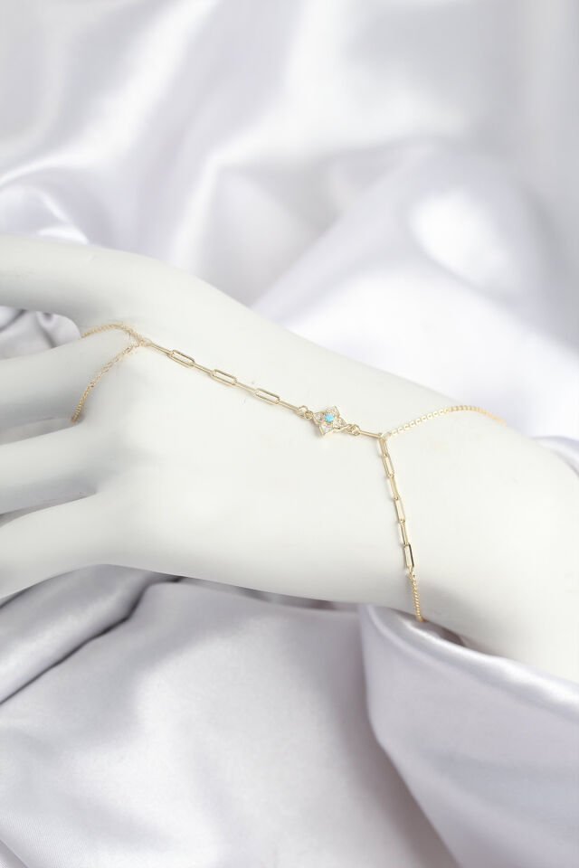 Pirinç Zirkon Taşlı Mavi Boncuklu Yonca Model Gold Renk Şahmeran