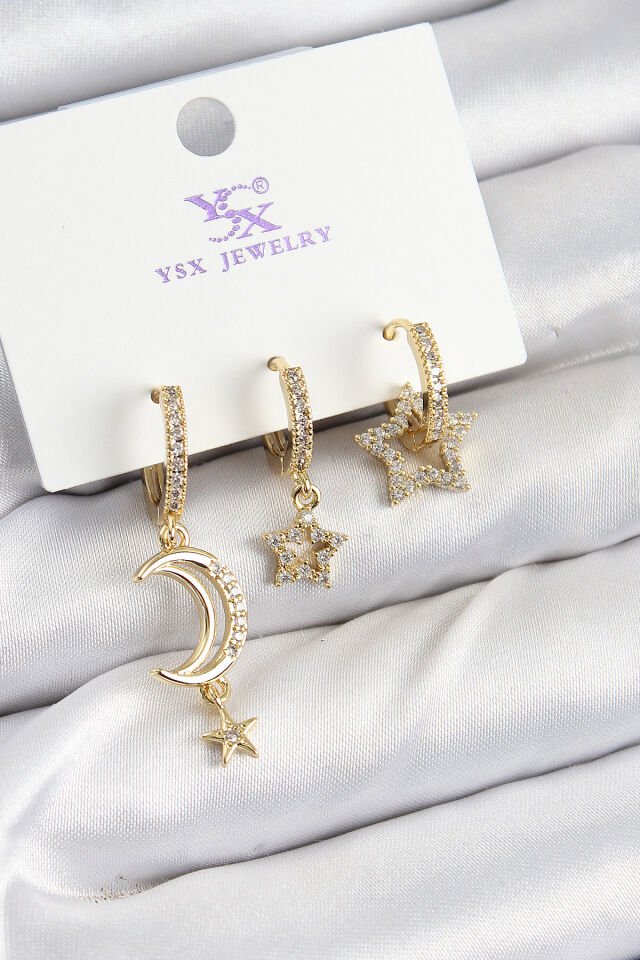 Pirinç Zİrkon Taşlı Ay Ve Hilal Model Gold Renk 3'lü Kadın Küpe