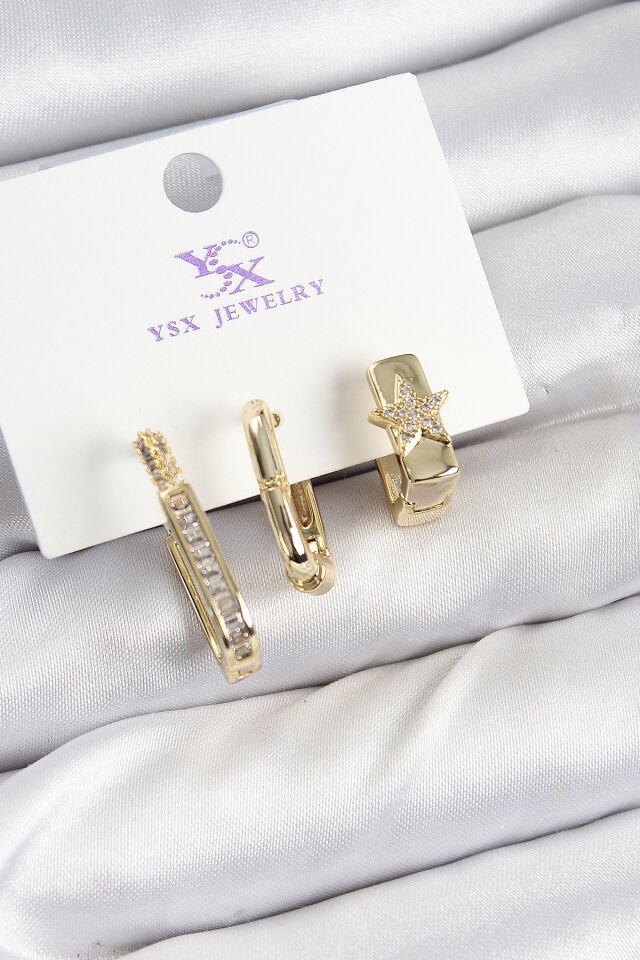 Pirinç Zİrkon Taşlı Yıldız Model Gold Renk 3'lü Kadın Küpe