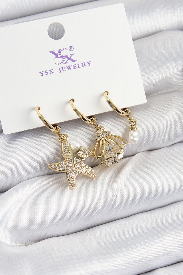 Pirinç Zİrkon Taşlı Deniz Yıldızı Ve İstiridye Model Gold Renk 3'lü Kadın Küpe