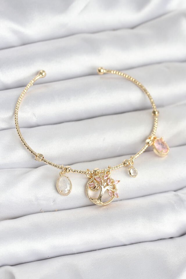 Hayat Ağacı Charmlı Gold Renk Pirinç Kadın Bileklik