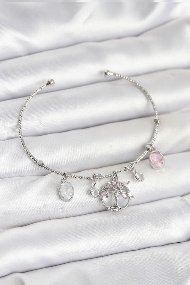 Hayat Ağacı Charmlı Gümüş Renk Pirinç Kadın Bileklik