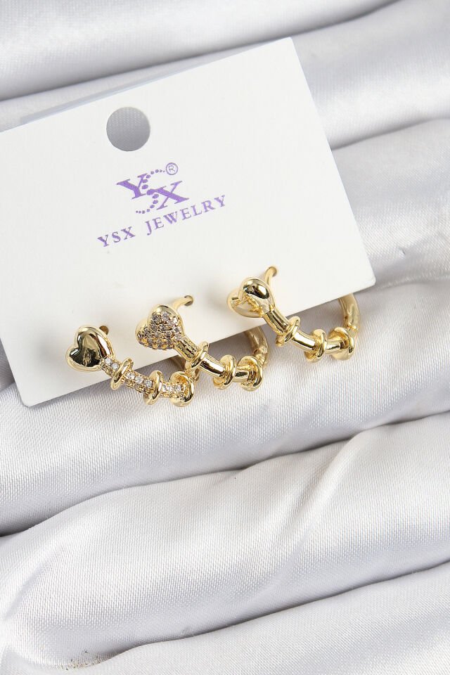 Pirinç Zİrkon Taşlı Kalp Model Gold Renk 3'lü Kadın Küpe